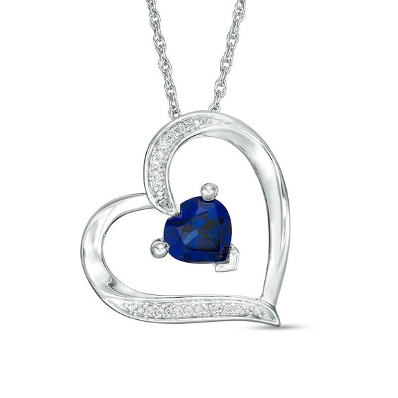 heartshaped labcreated bluesapphire diamond accent heart pendant sterling silver - Picture 2 of 6